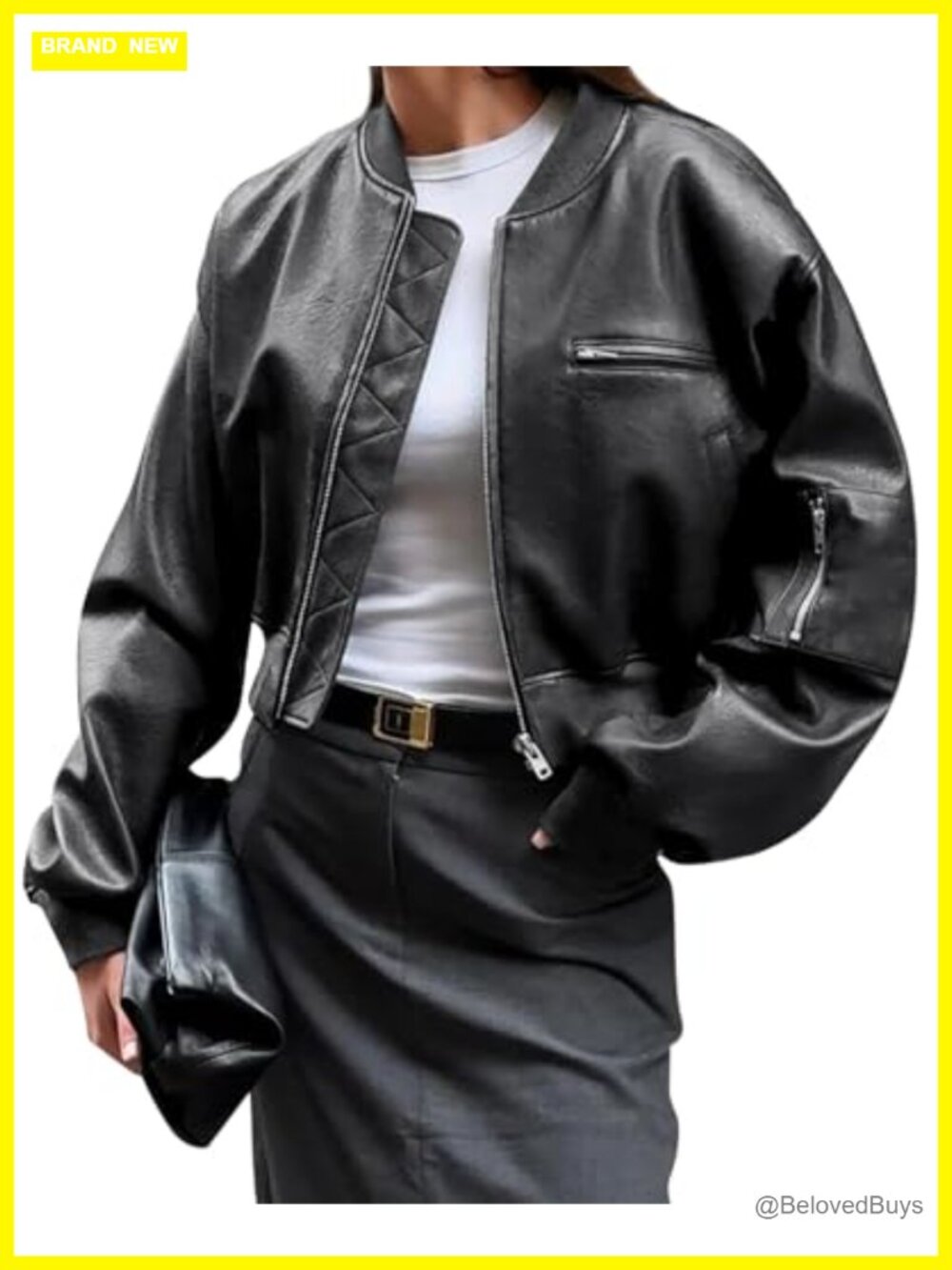Women's Faux Leather Cropped Bomber Jacket with Pockets